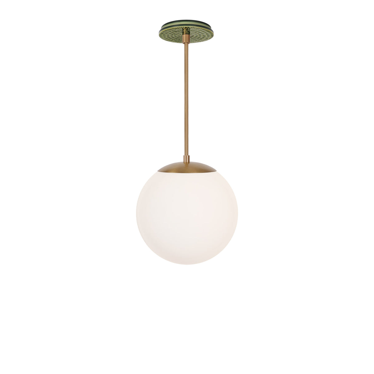 Alto Rod 10” Opal shown in Heirloom Brass with a Forest Green Sunflower Ceramic Canopy