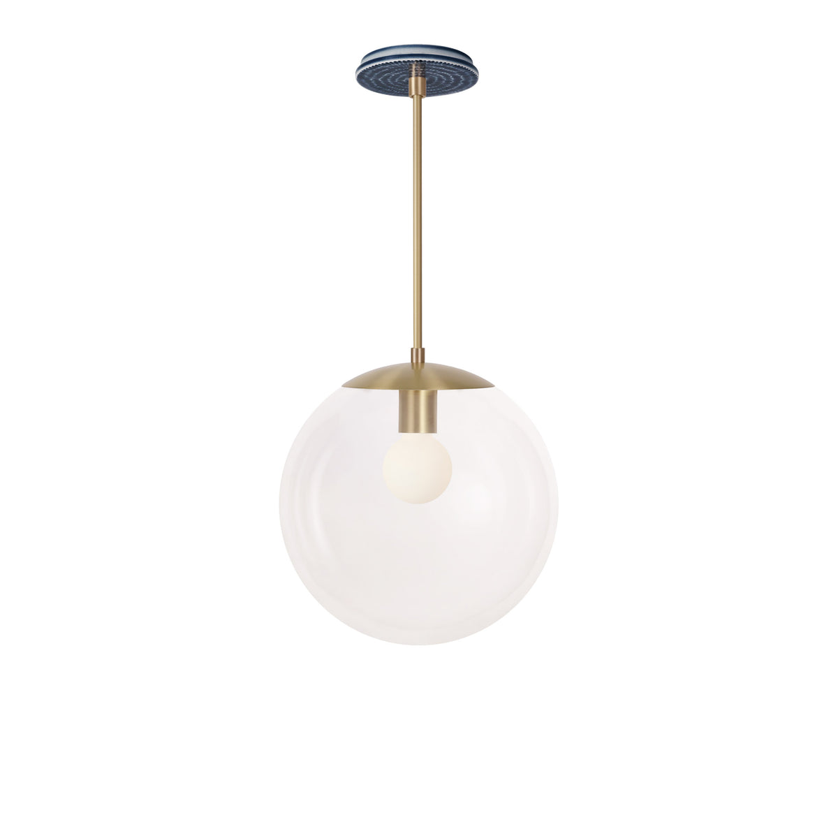 Alto Rod 12” Clear shown in Brass with an Indigo Blue Sunflower Ceramic Canopy