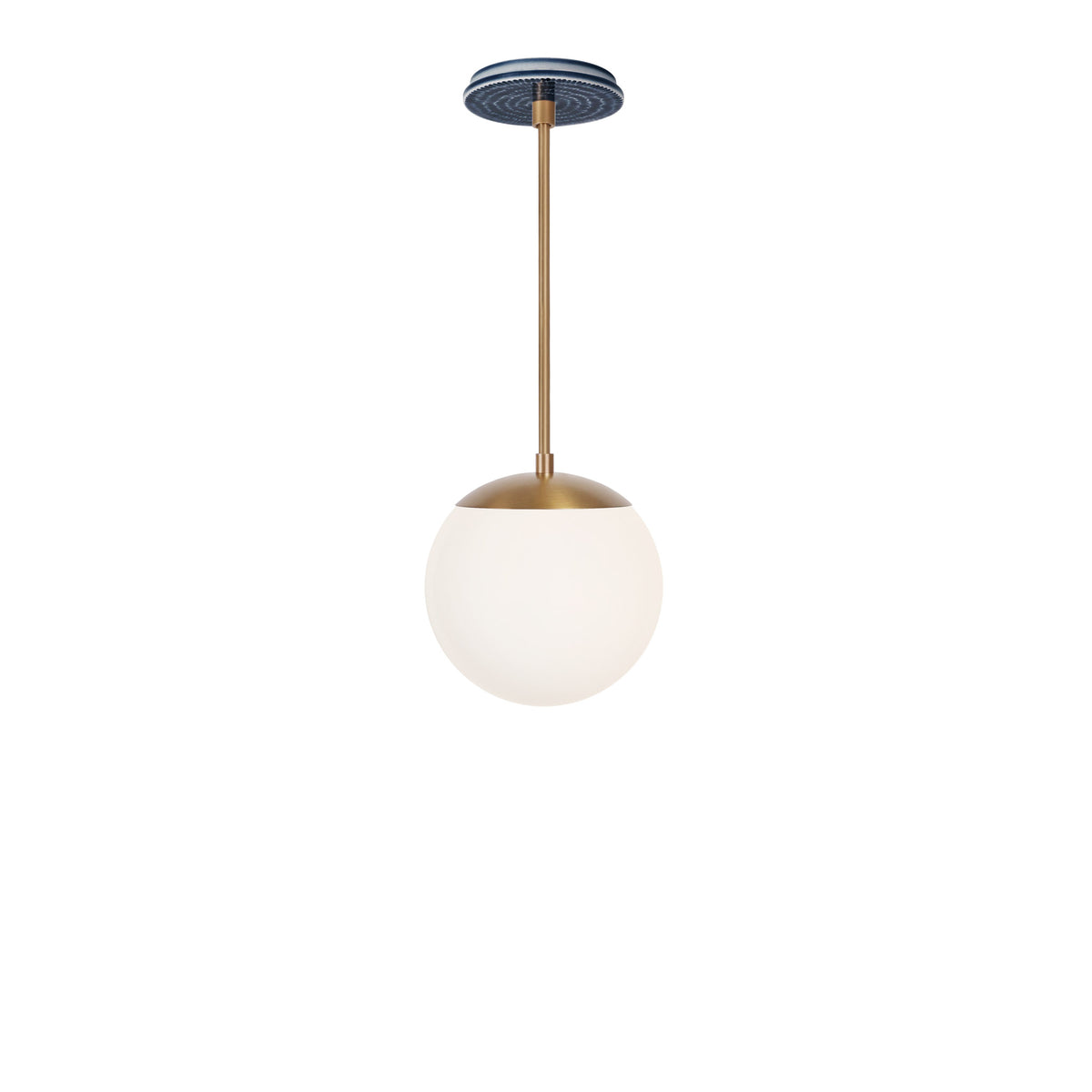 Alto Rod 8” Opal shown in Heirloom Brass with an Indigo Blue Sunflower Ceramic Canopy