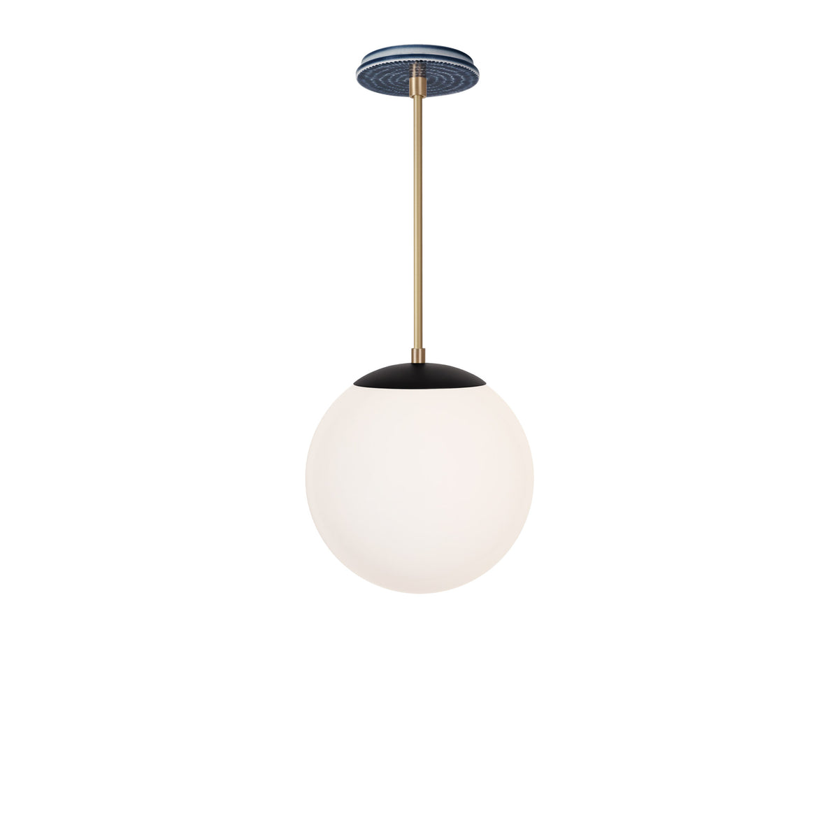 Alto Rod 10” Opal shown in Matte Black with Brass and an Indigo Blue Sunflower Ceramic Canopy