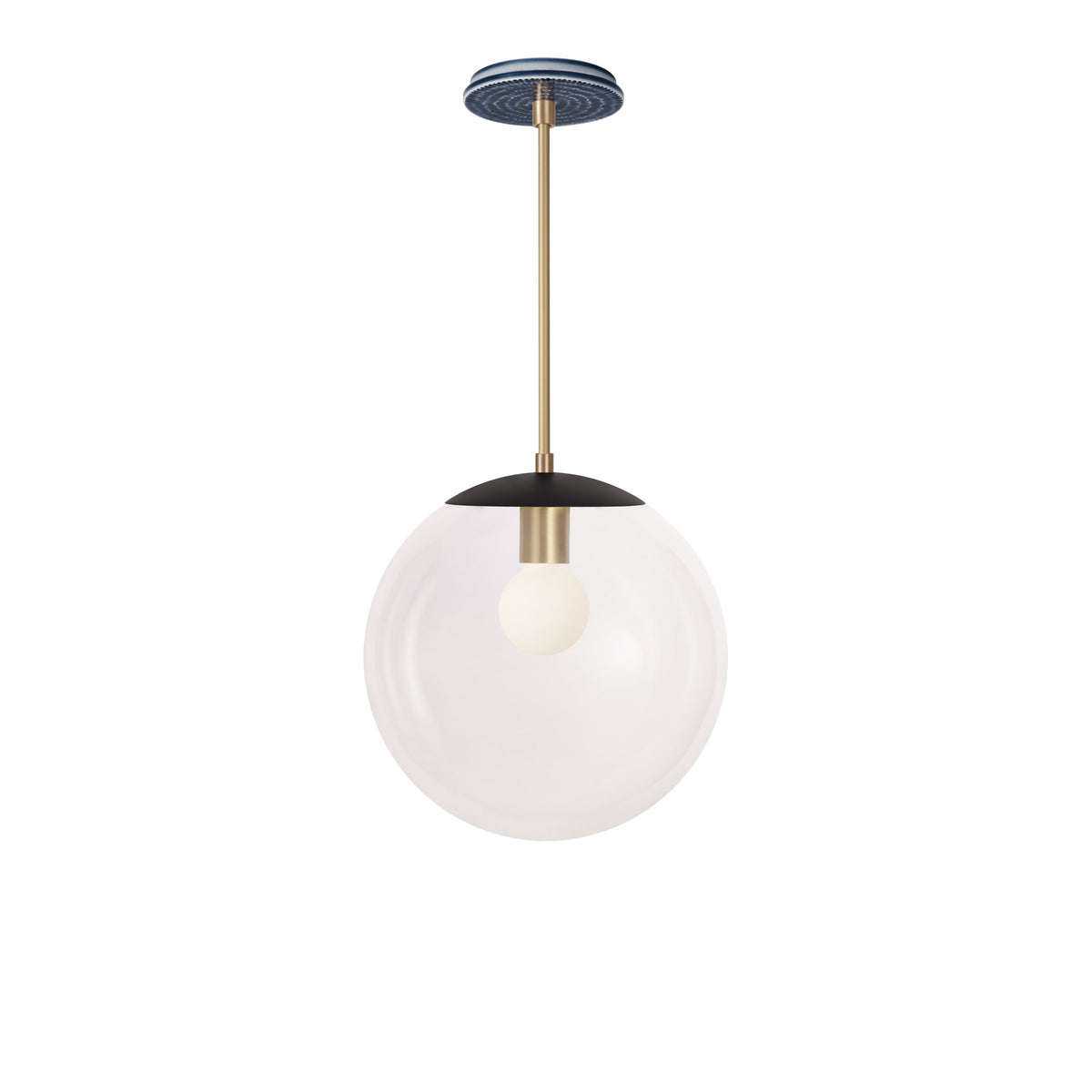 Alto Rod 12” Clear shown in Matte Black with Brass and an Indigo Blue Sunflower Ceramic Canopy