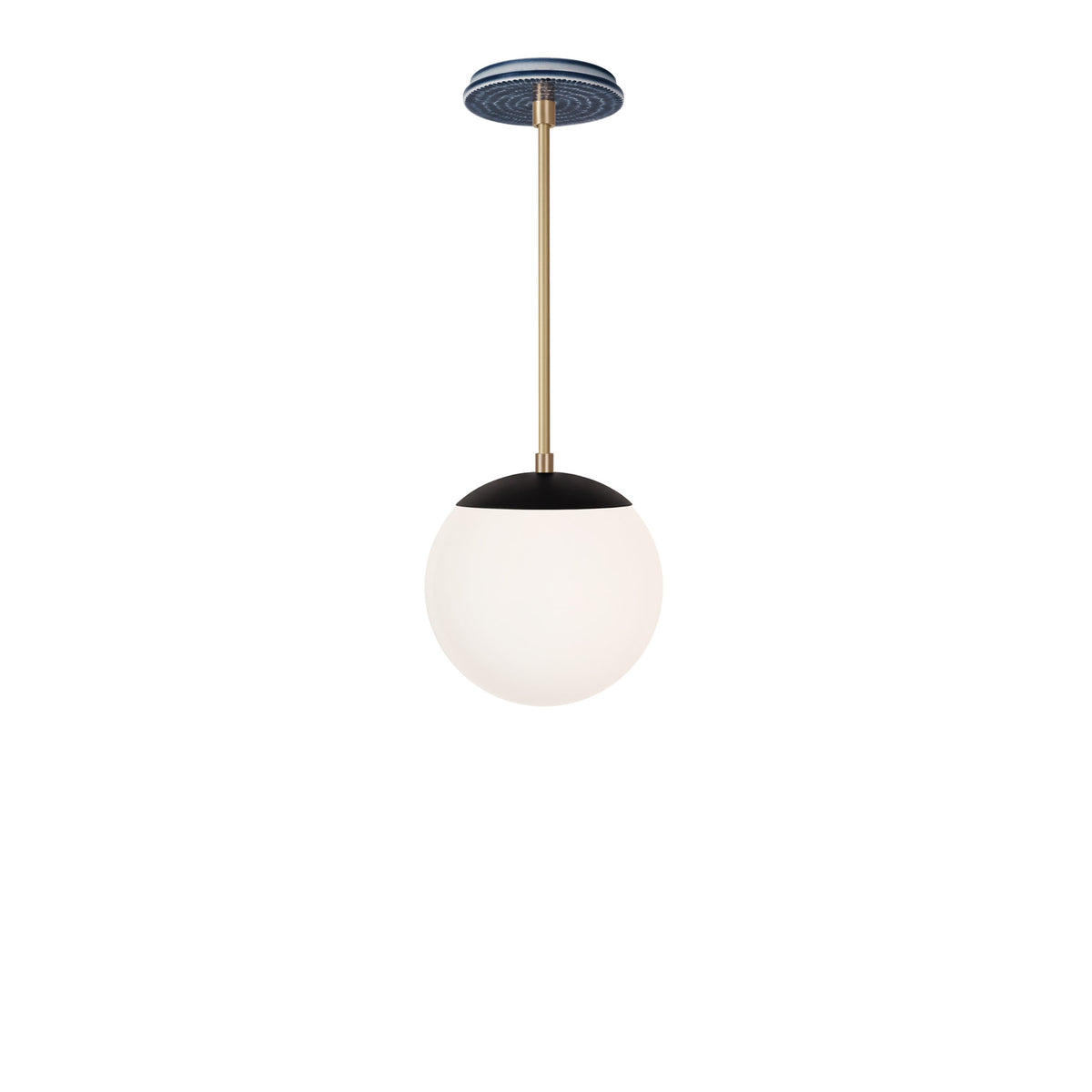 Alto Rod 8” Opal shown in Matte Black with Brass and an Indigo Blue Sunflower Ceramic Canopy