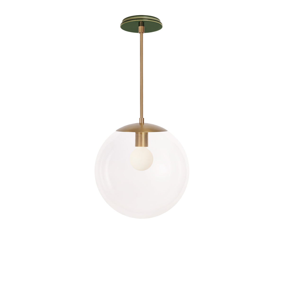 Alto Rod 12” Clear shown in Heirloom Brass with a Forest Green Swift Ceramic Canopy