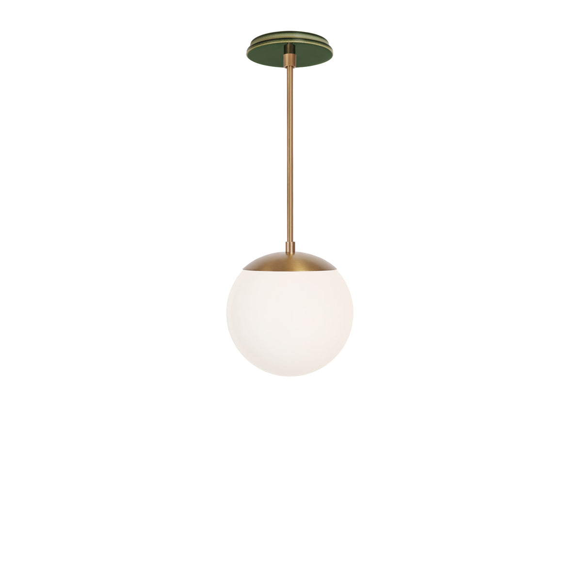 Alto Rod 8” Opal shown in Heirloom Brass with a Forest Green Swift Ceramic Canopy
