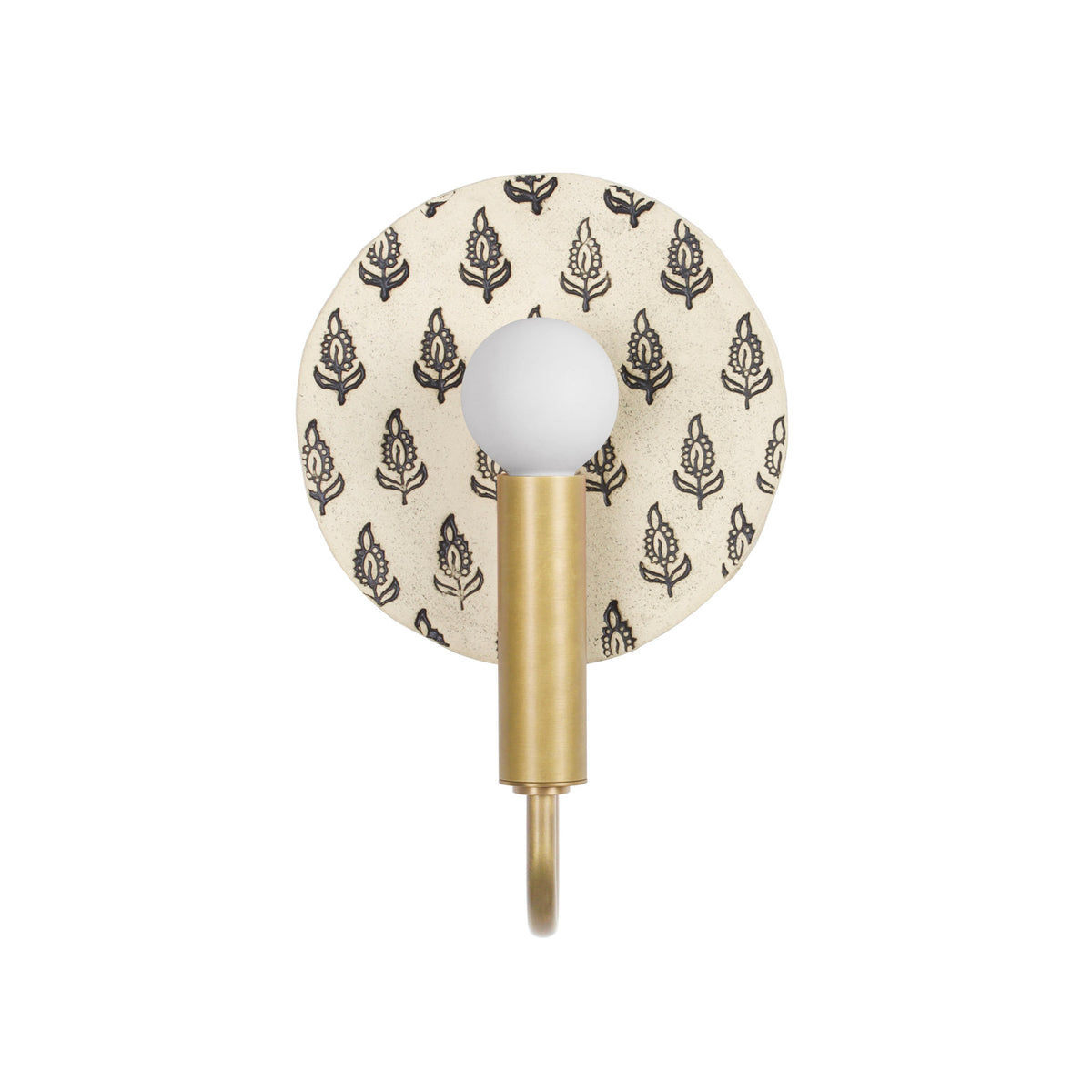 Edith ADA Sconce shown in Brass with a Black and Cream Floral Ceramic Canopy