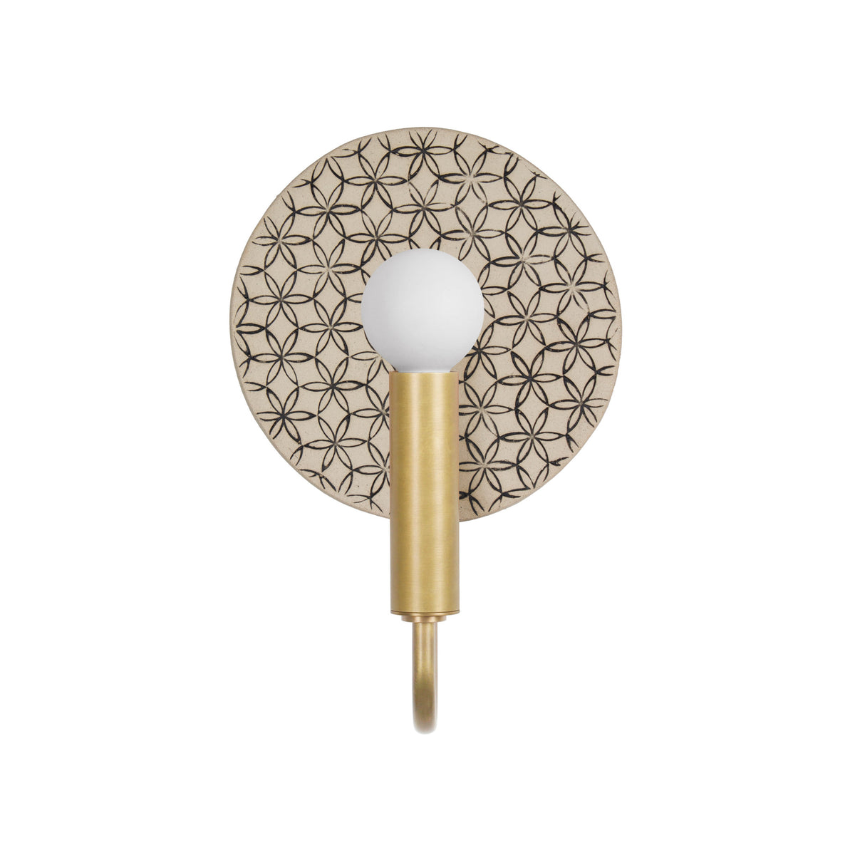 Edith ADA Sconce shown in Brass with a Black and Cream Quilted Ceramic Canopy