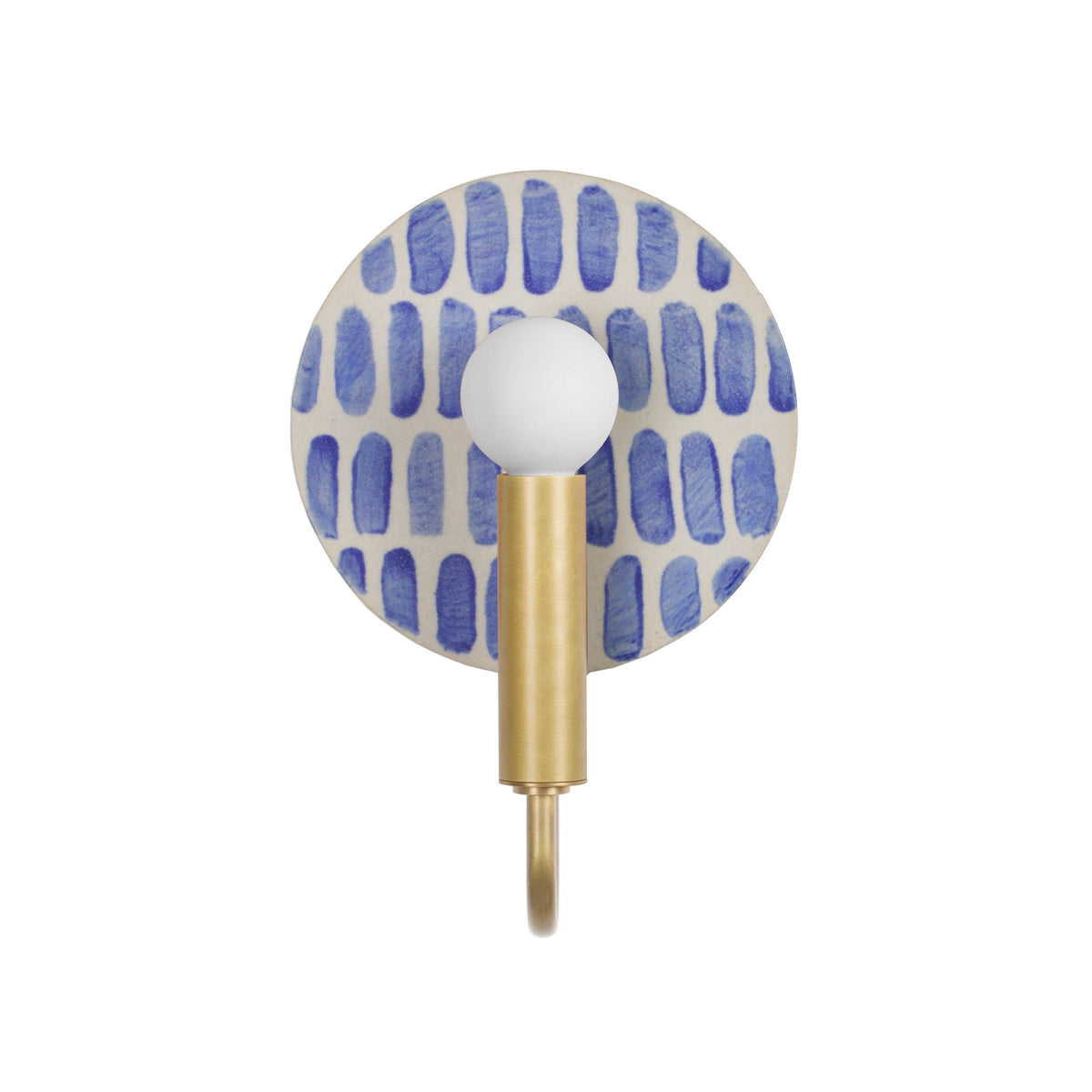 Edith ADA Sconce shown in Brass with a Blue Dot Stripe Ceramic Canopy