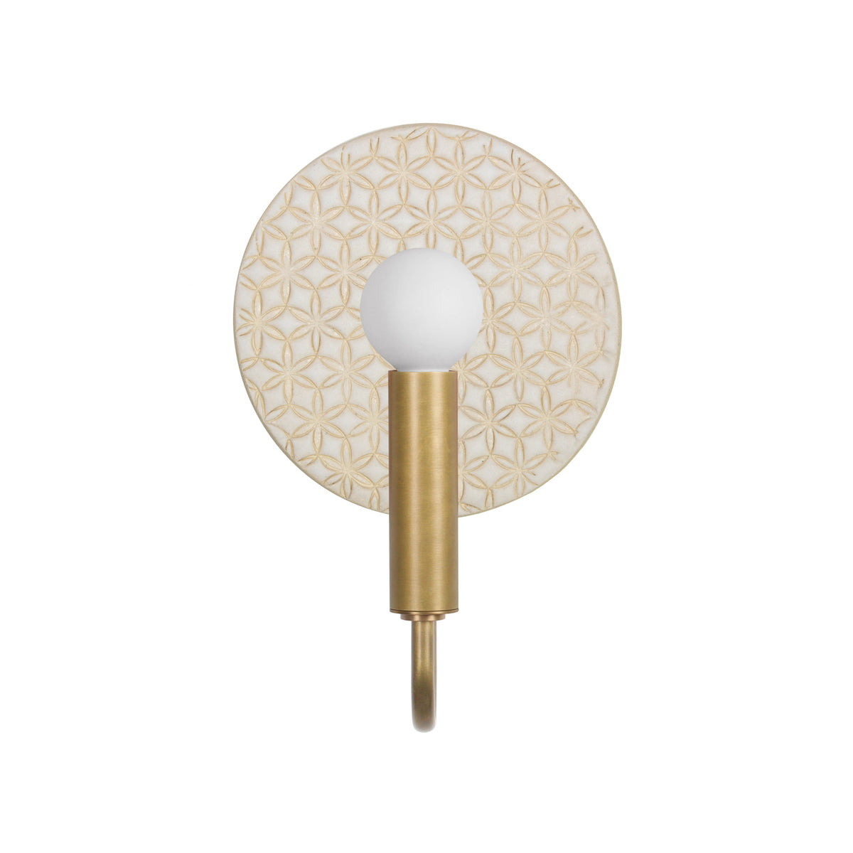 Edith ADA Sconce shown in Heirloom Brass with a Natural White and Cream Quilted Ceramic Canopy