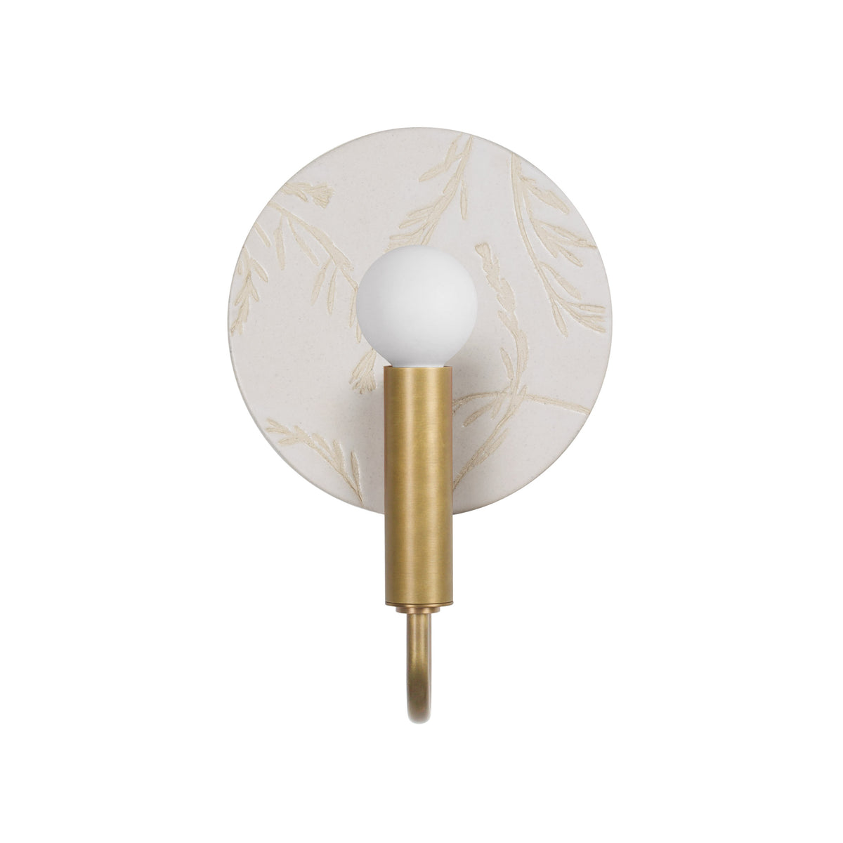 Edith ADA Sconce shown in Heirloom Brass with a Natural White Tanglewood Ceramic Canopy