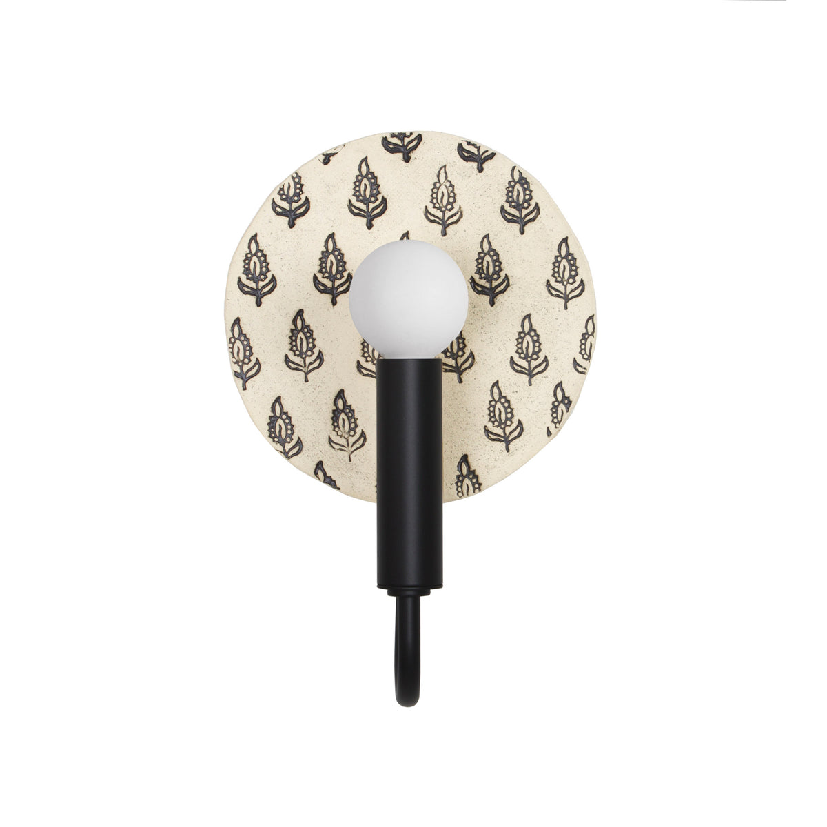 Edith ADA Sconce shown in Matte Black with a Black and Cream Floral Ceramic Canopy