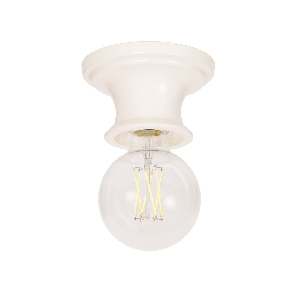 Emma Petite in Gloss White Glaze with a G30 LED Filament Light Bulb