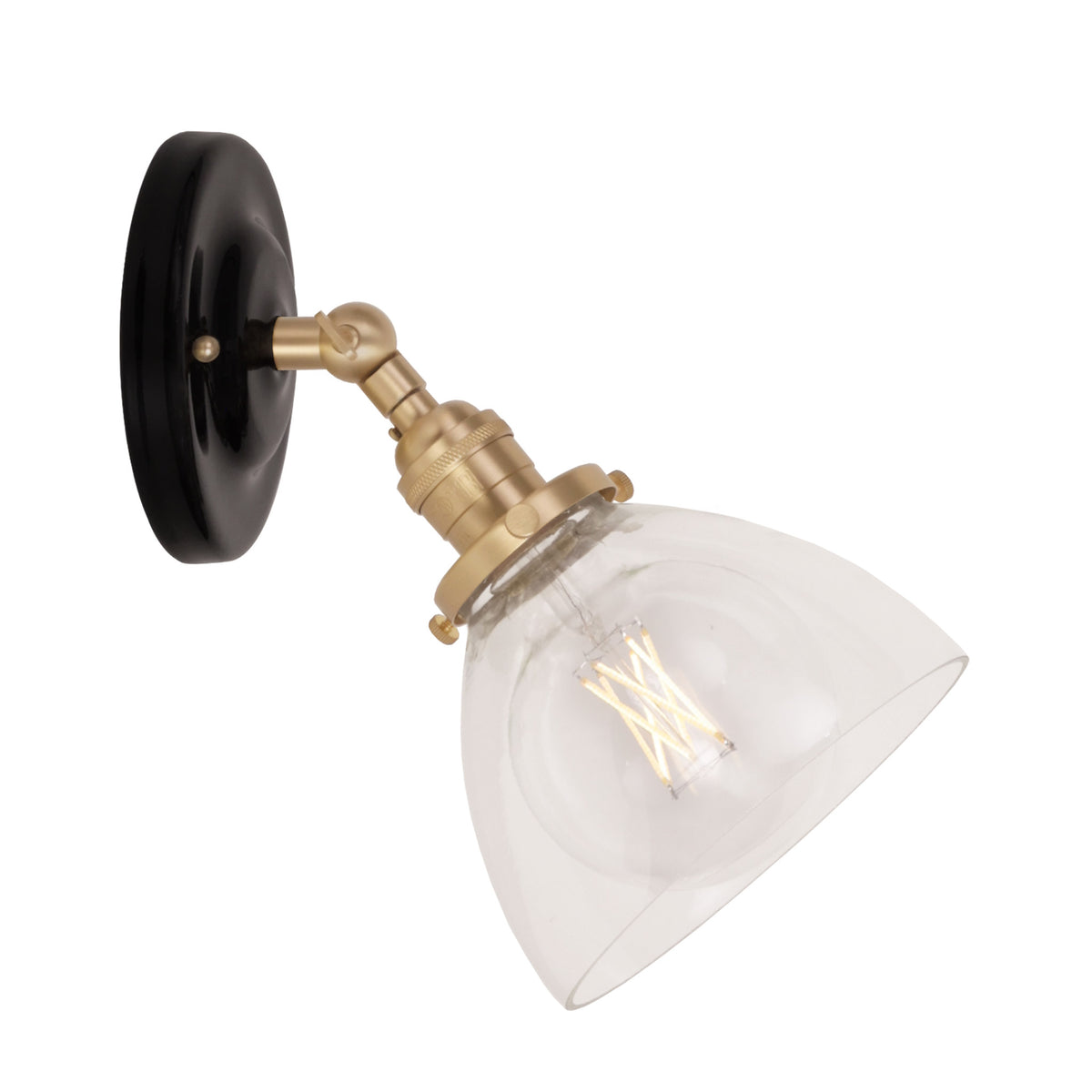 Grace Flush Sconce shown in Brass with a Gloss Black Ceramic canopy and Clear Glass shade