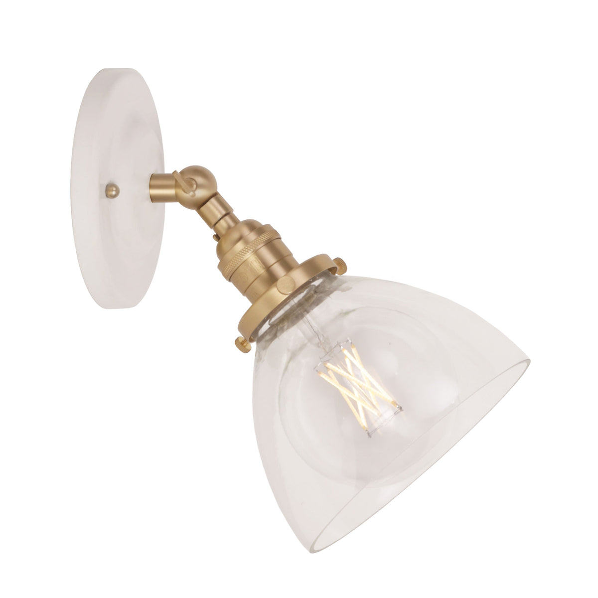Grace Flush Sconce shown in Brass with a Gloss White Ceramic canopy and Clear Glass shade