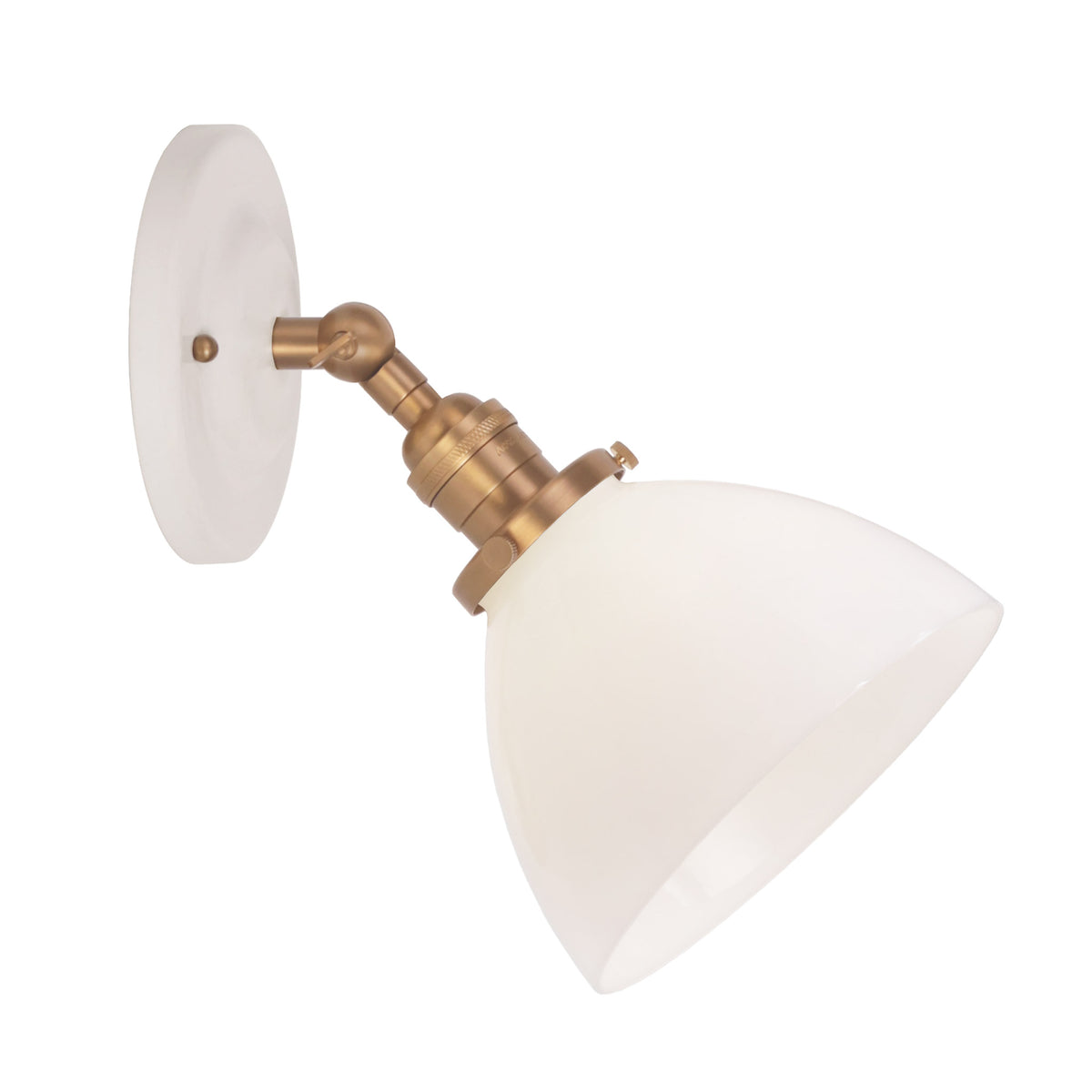 Grace Flush Sconce shown in Heirloom Brass with a Gloss White Ceramic canopy and Opal Glass shade