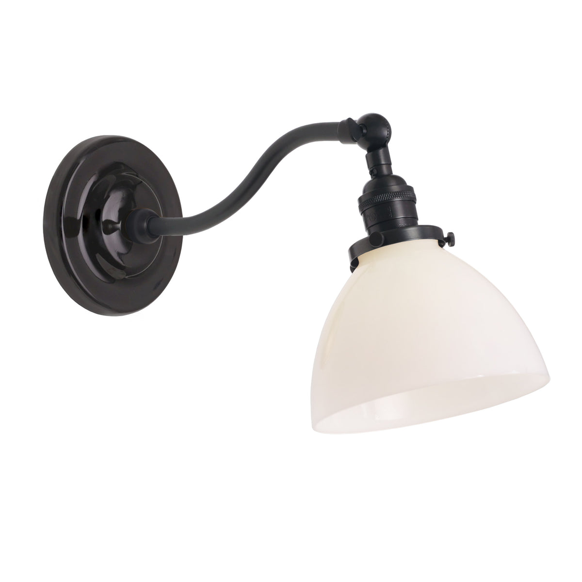 Grace Sconce shown in Graphite Patina with a Gloss Black Ceramic canopy and Opal Glass shade