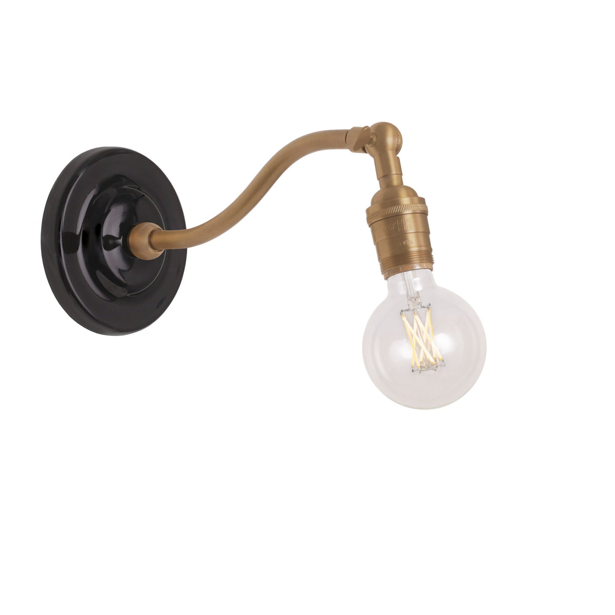 Grace Sconce shown in Heirloom Brass with a Gloss Black Ceramic canopy and no shade
