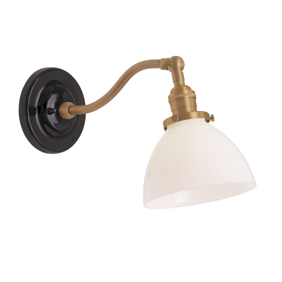 Grace Sconce shown in Heirloom Brass with a Gloss Black Ceramic canopy and Opal Glass shade