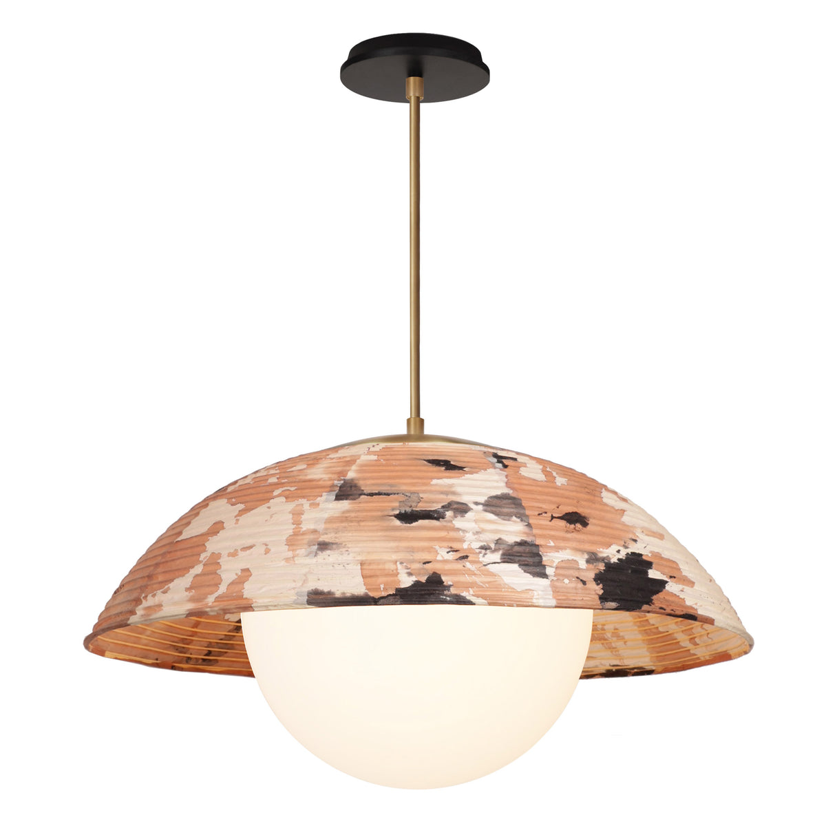 Maru Pendant with a Kakishibu Shade shown in Heirloom Brass with a Black Stained Wood canopy