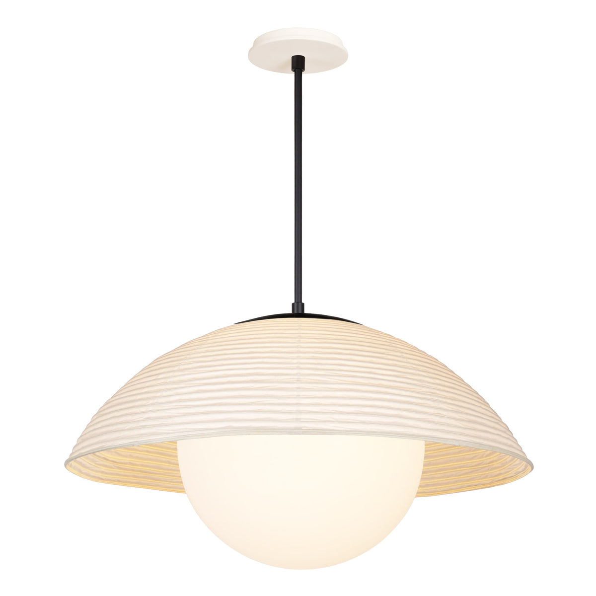 Maru Pendant with a Natural shade shown in Matte Black with a Bone Ceramic canopy