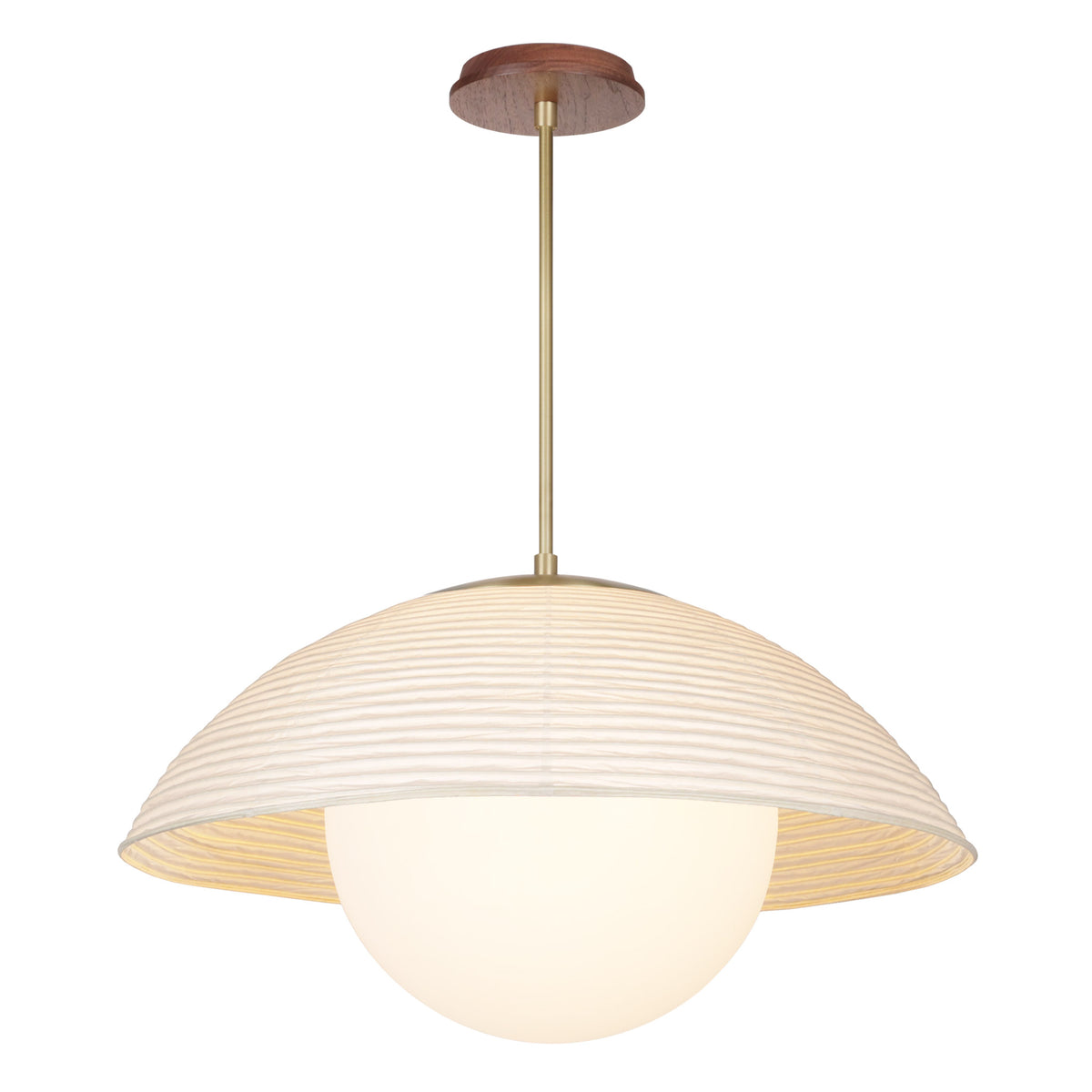 Maru Pendant with a Natural shade shown in Heirloom Brass with a Walnut Wood canopy