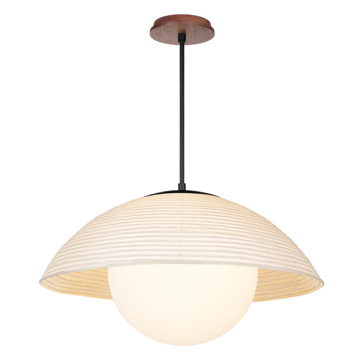 Maru Pendant with a Natural shade shown in Matte Black with a Walnut Wood canopy