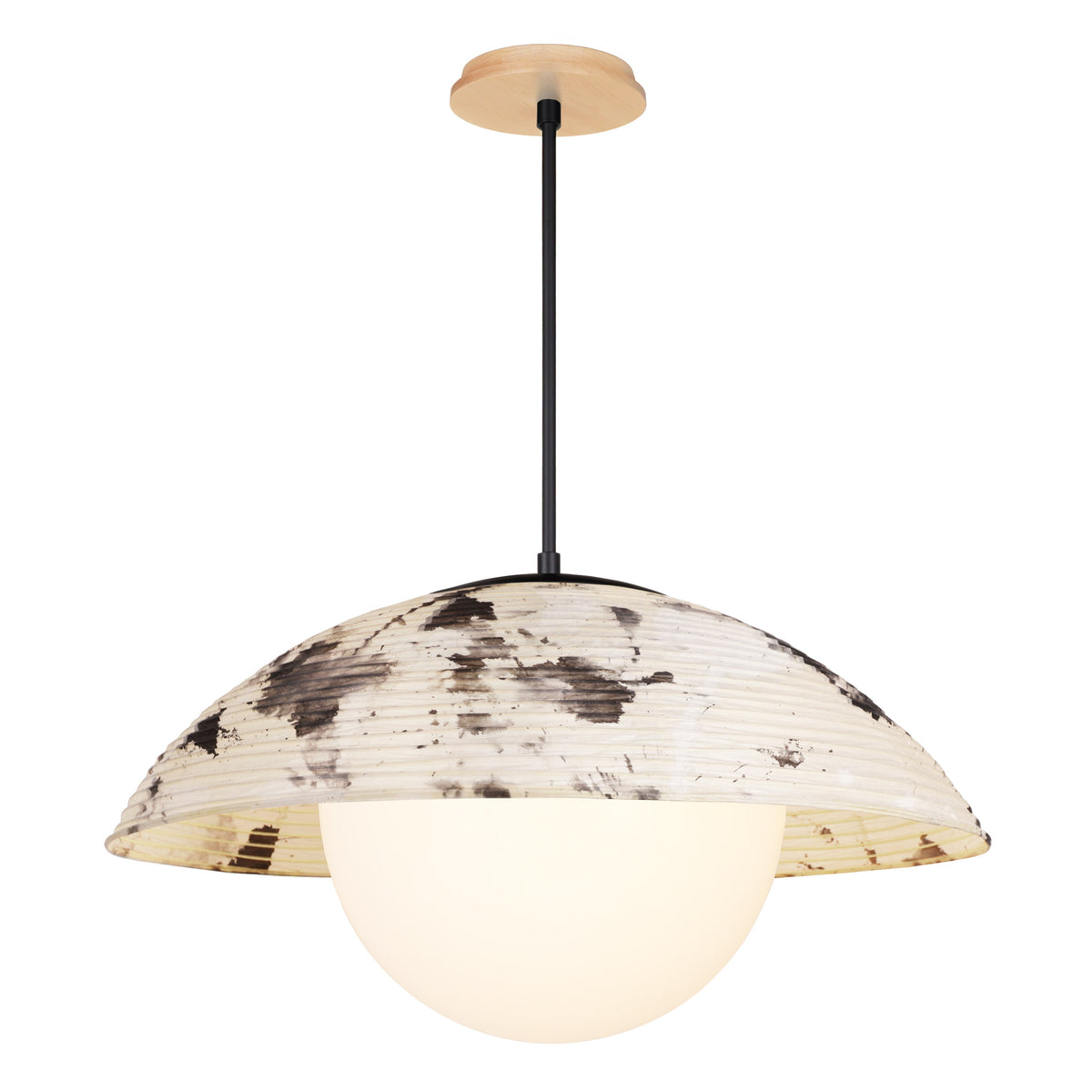 Maru Pendant with a Sumi Shade shown in Matte Black with a Maple Wood canopy