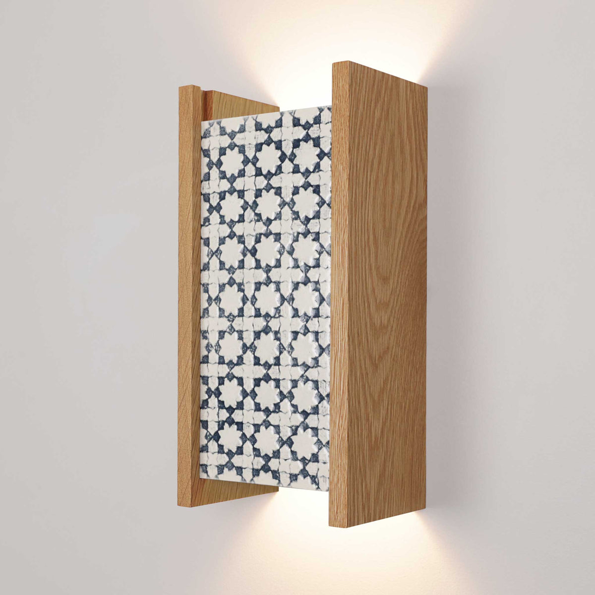 McKenzie Sconce shown in Oak with an Indigo Blue Ceramic Finish