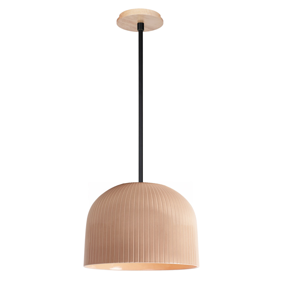 Morgan Pendant shown in Gloss Dusty Rose Glaze and Matte Black with a Maple Wood Canopy