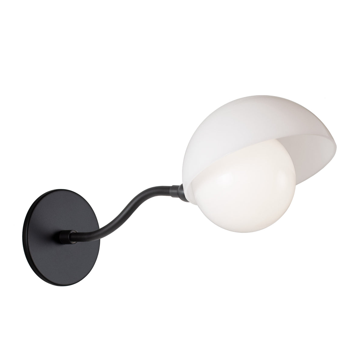 Noor Curve Sconce shown with a White Opal Acrylic Shade and Matte Black Arm and Canopy