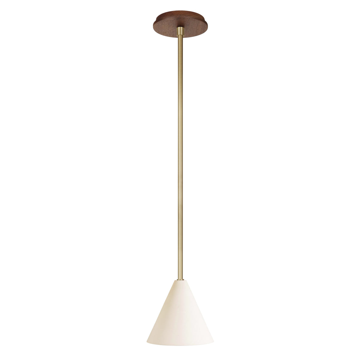 Petra Ceramic Pendant shown in Brass with a Walnut Wood canopy