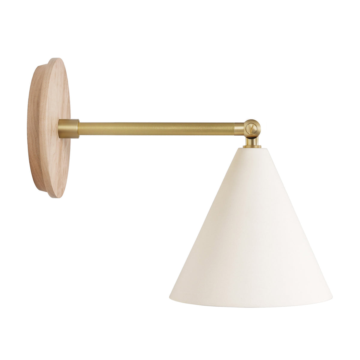Petra Ceramic Sconce shown in Brass with a 6" rod and Maple Wood canopy