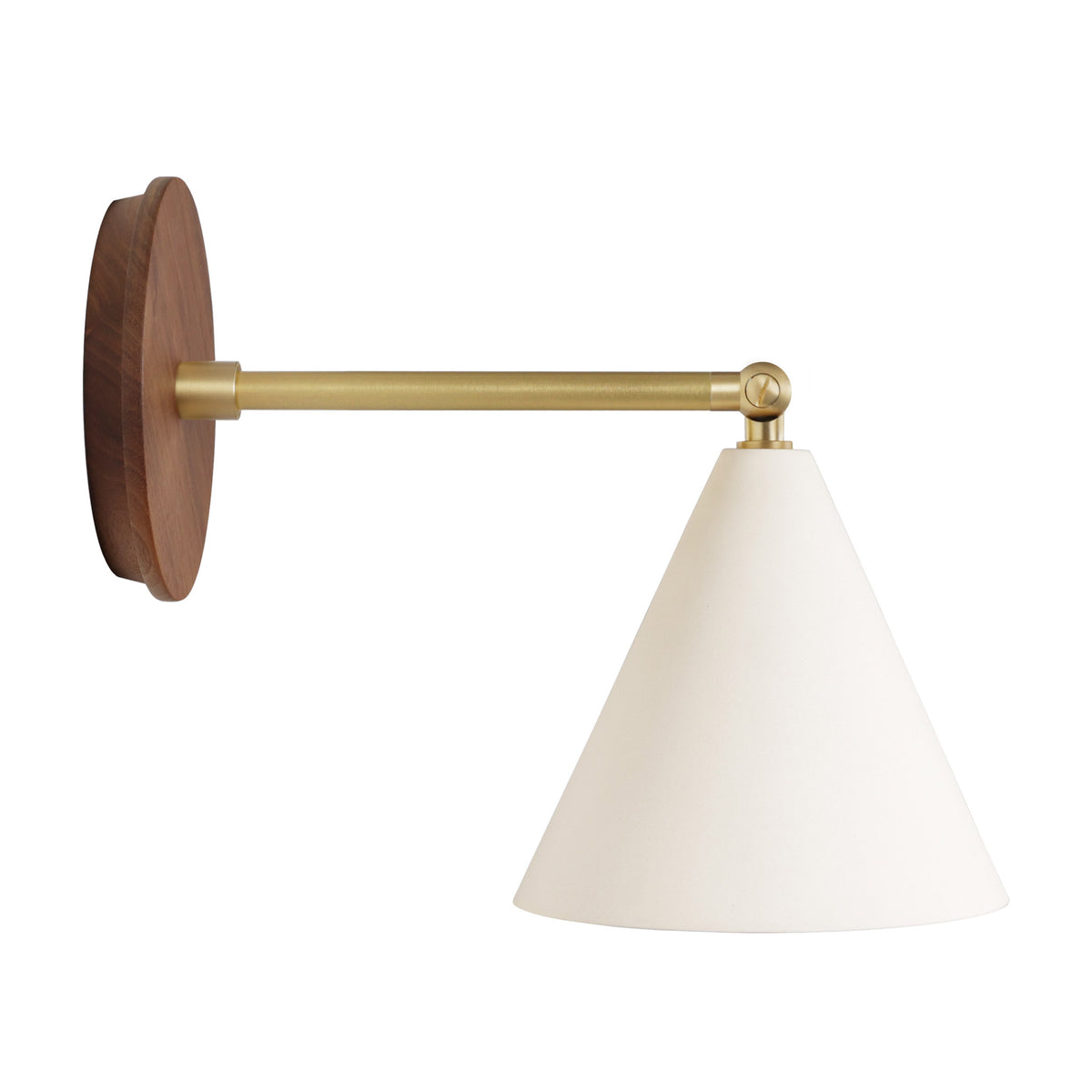 Petra Ceramic Sconce shown in Brass with a 6" rod and Walnut Wood canopy