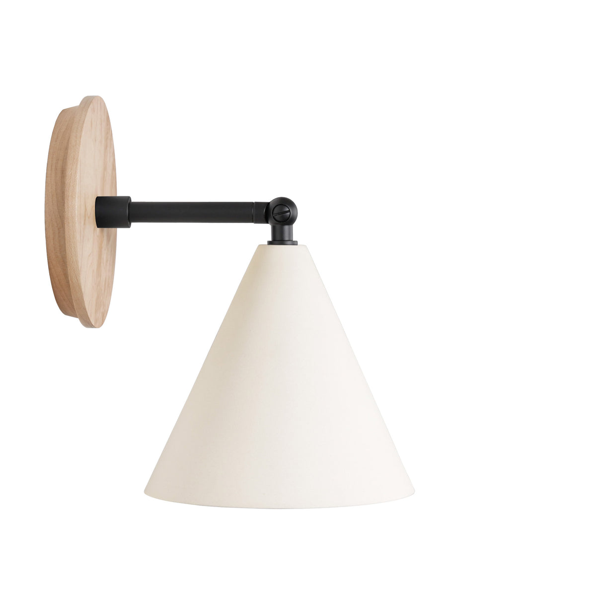 Petra Ceramic Sconce shown in Matte Black with a 3" rod and Maple Wood canopy