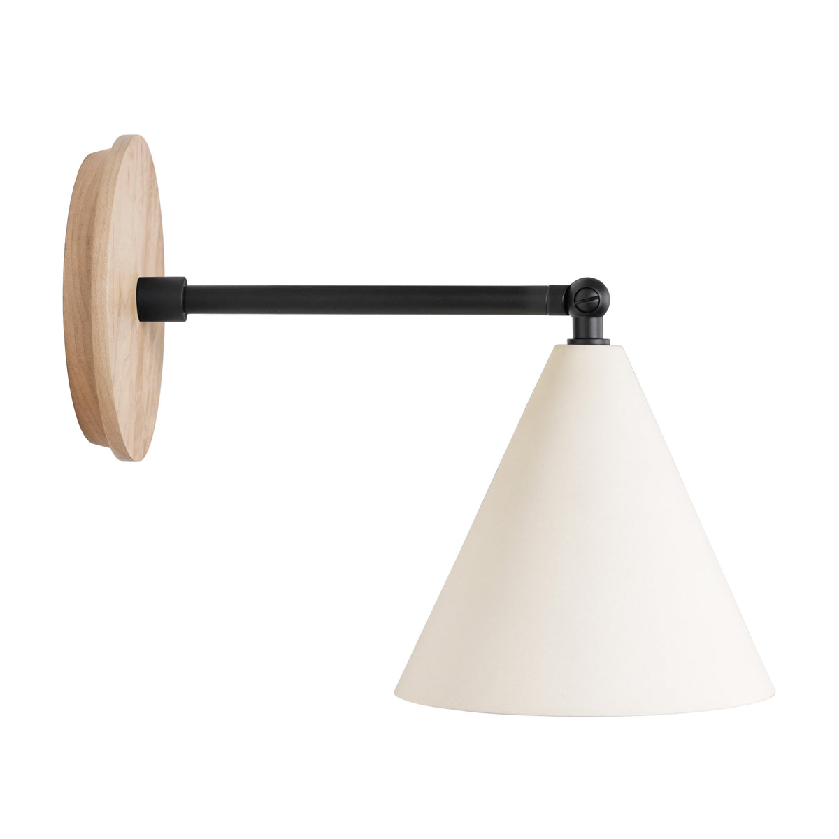 Petra Ceramic Sconce shown in Matte Black with a 6" rod and Maple Wood canopy
