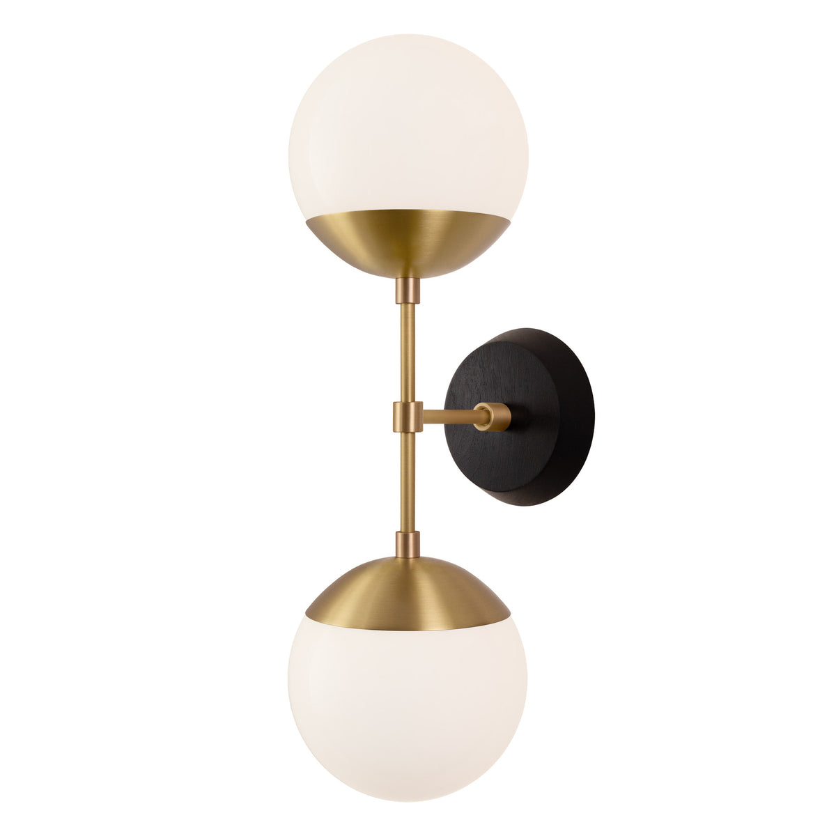 Theo shown in Heirloom Brass and a Black Stained Wood Canopy