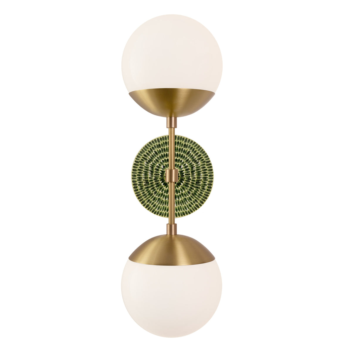 Theo shown in Heirloom Brass with a Forest Green Sunflower Ceramic Canopy