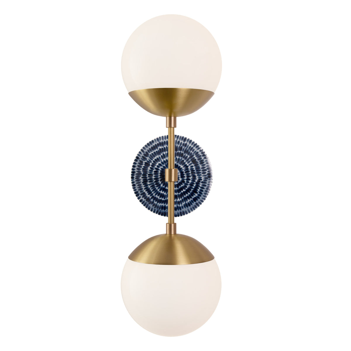 Theo shown in Heirloom Brass with an Indigo Blue Sunflower Ceramic Canopy