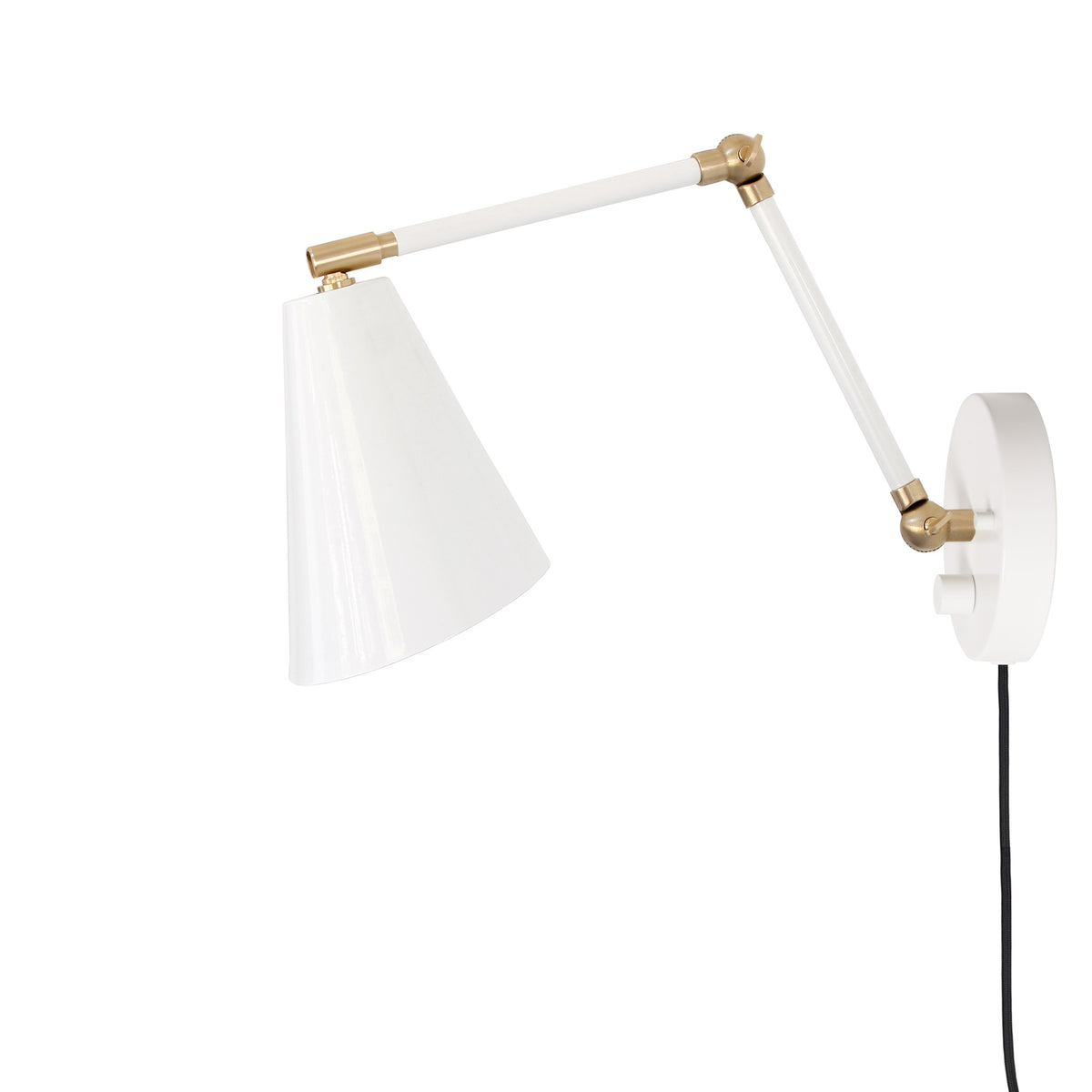 Tilt Cone Double Articulated shown in White and Brass with a Backplate Dimmer Switch and Black Cord