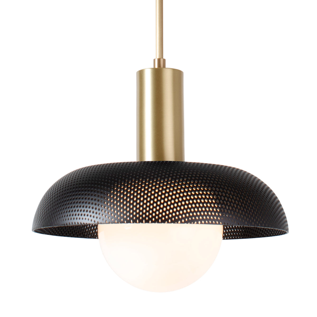 Lexi Large Pendant for Vaulted Ceiling shown with Matte Black Perforated Shade Finish and Brass Fixture Finish.