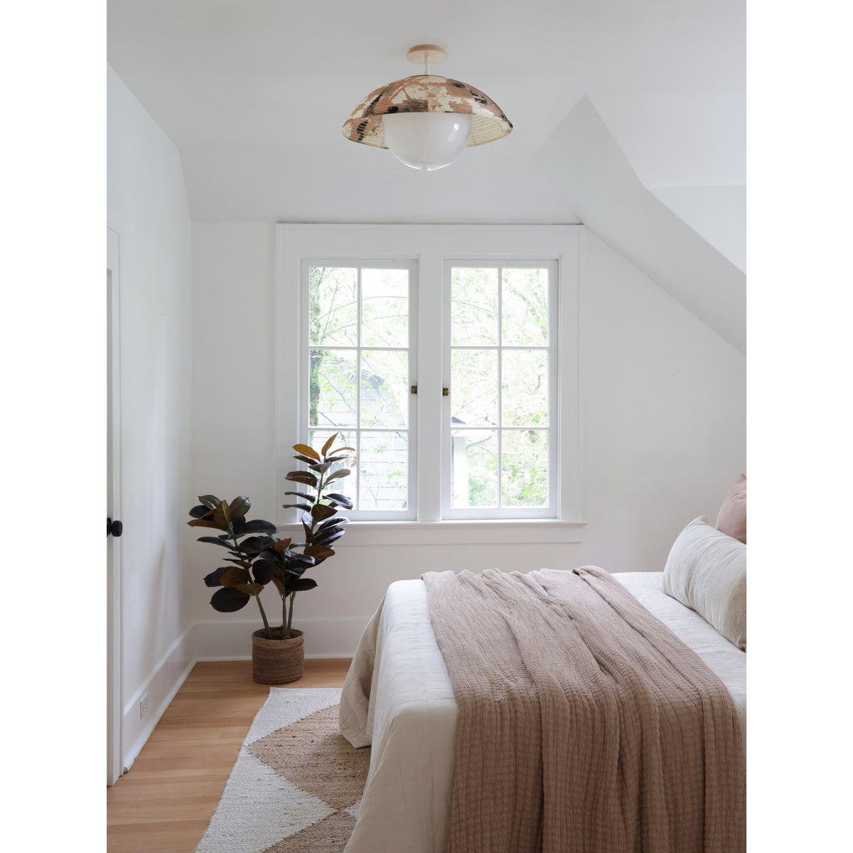 Maru Surface with a hand-painted chōchin washi shade shown in Kakishibu with White and a Maple Wood canopy, Interiors by Jica Interiors