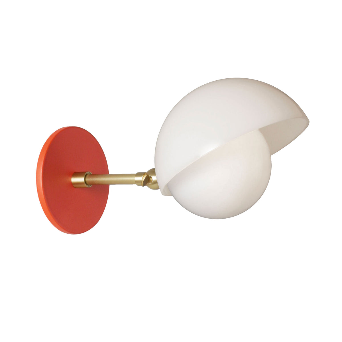 Noor Sconce shown with a White Opal Acrylic Shade, Brass Arm, and Persimmon Canopy