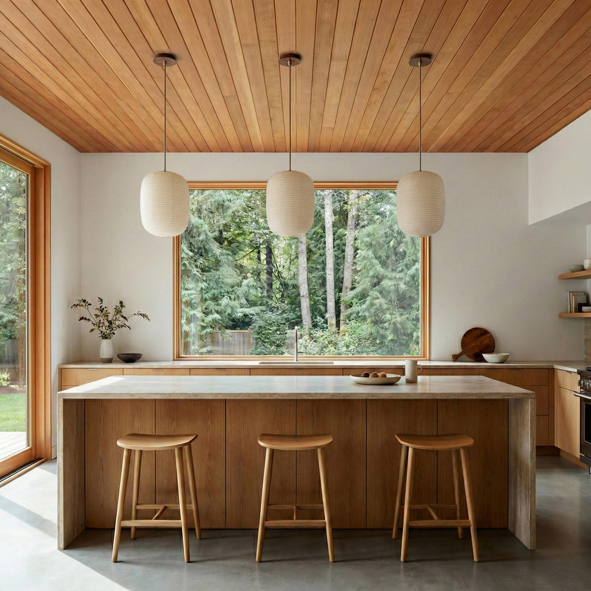 Umi Pendants shown in Heirloom Brass with a Walnut Wood Canopies
