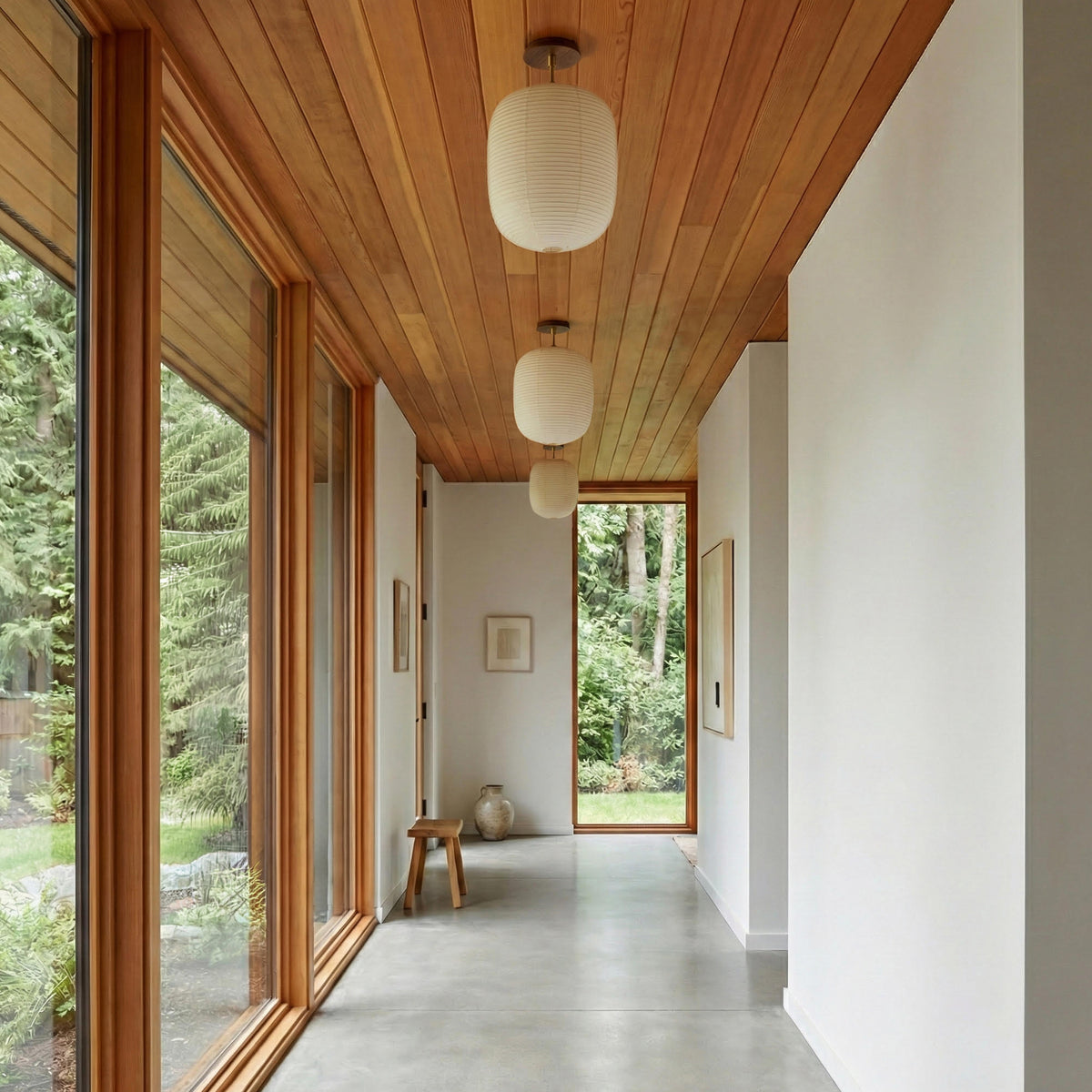 Umi Surface lights shown in Heirloom Brass with Walnut Wood Canopies