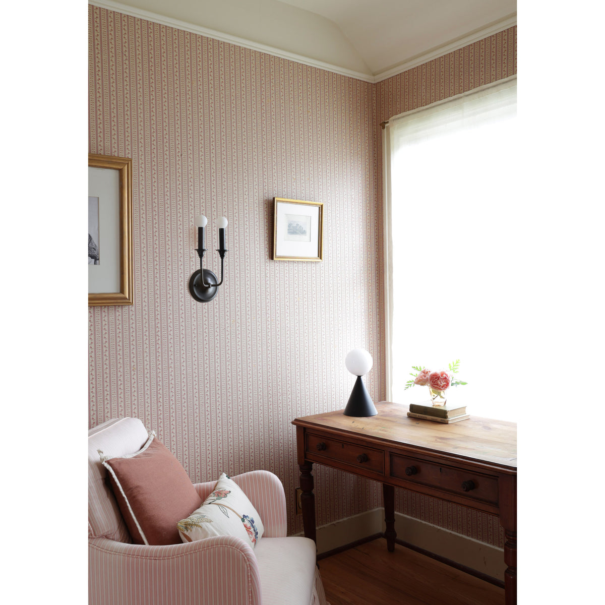 Bijou Double Candle shown in Graphite Patina, Mini Summit Lamp in Matte Black. Interior design by Sarah J. Meyer Design