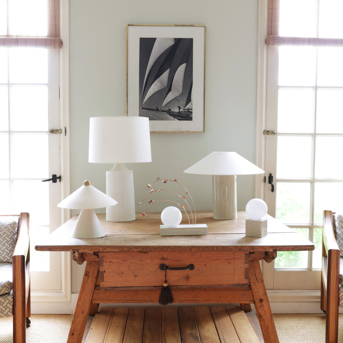 Little Meg Lamp shown in Gloss Crackle Glaze ceramic to the far right