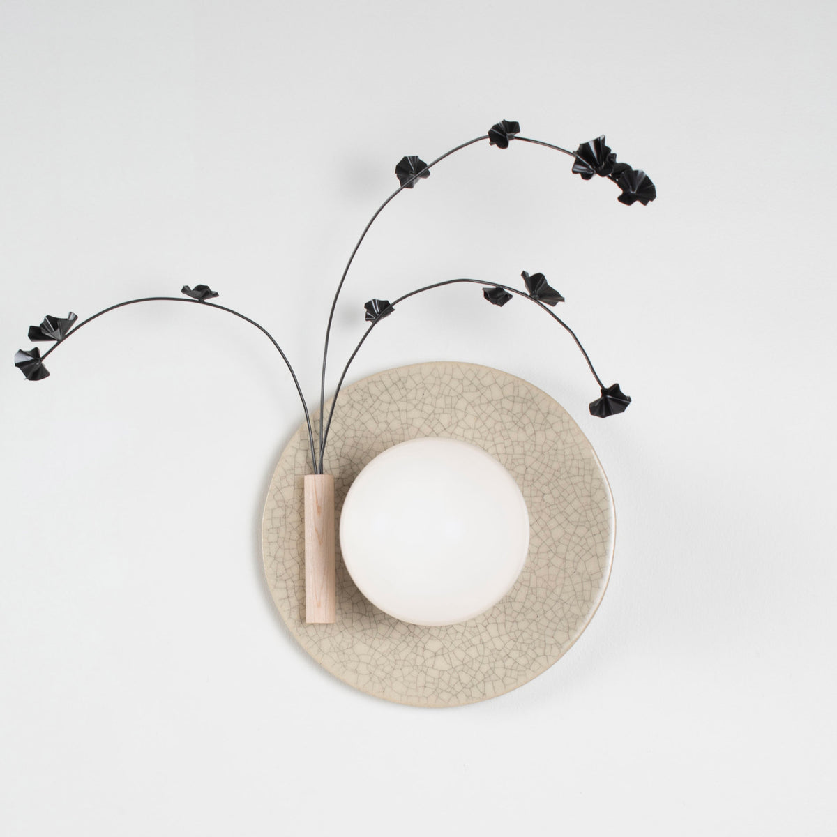 Ikebana Sconce shown in Gloss Crackle Glaze with Graphite Patina flower finish and Left mounted vase