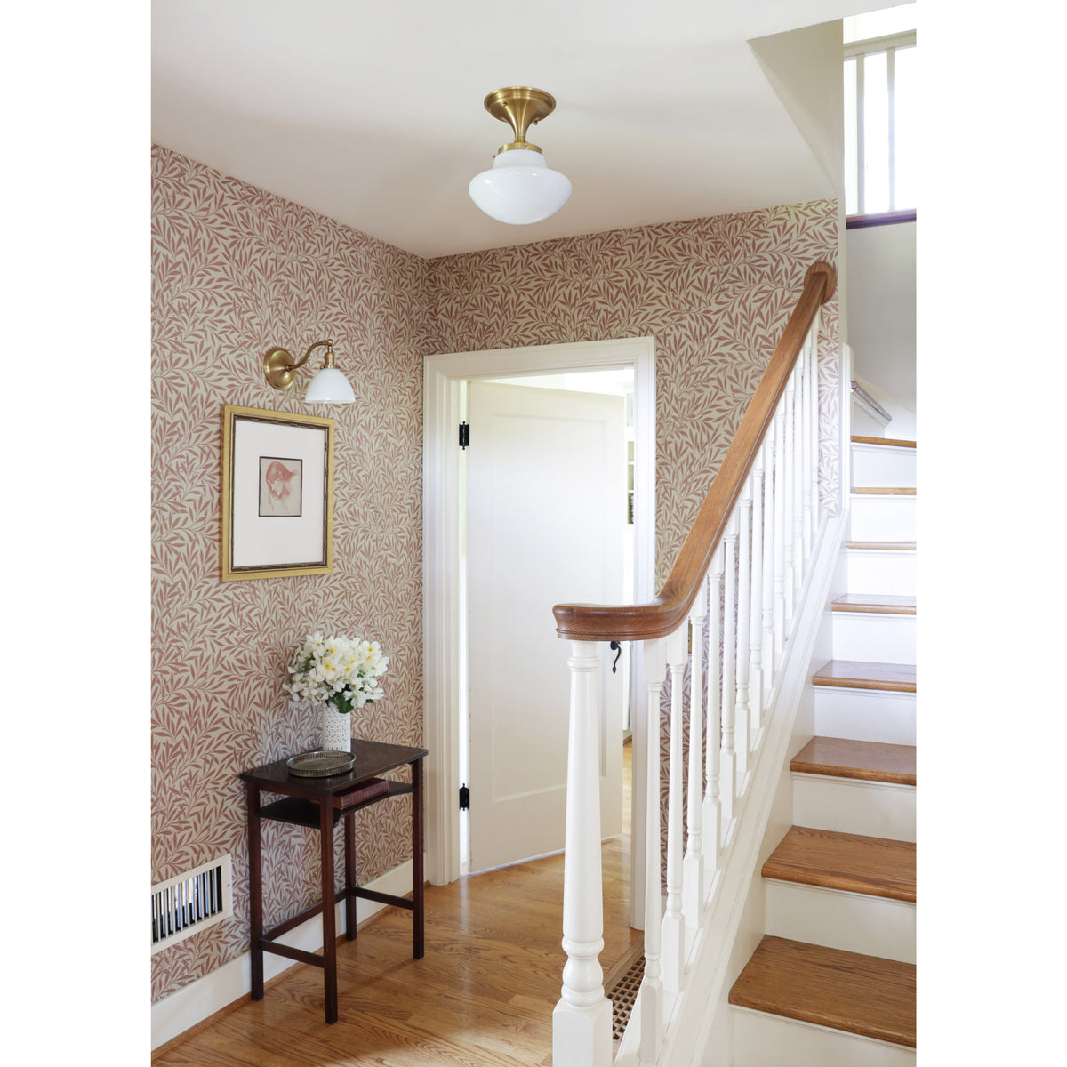 Grace Sconce and Sorbonne Tulip 10" surface mount shown in Heirloom Brass. Interior design by Sarah J. Meyer Design