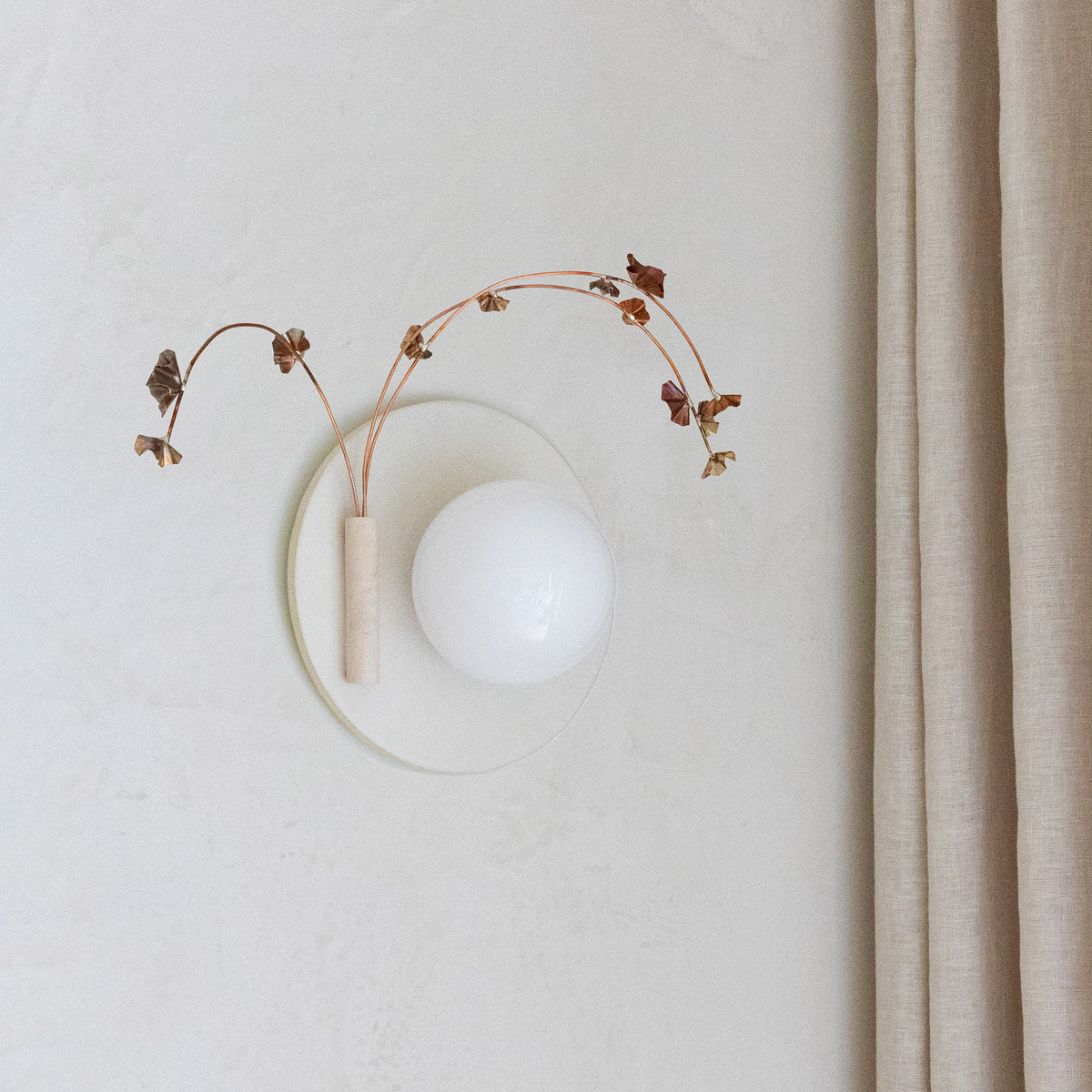 Ikebana Sconce shown in Natural White Glaze with Copper flower finish and Left mounted vase