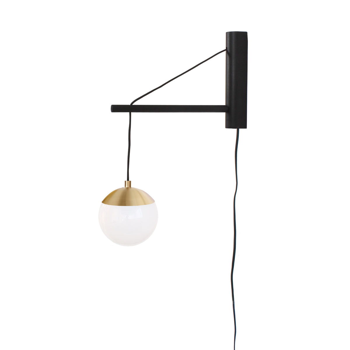 Alto 14" Wood Arm Sconce shown in Brass with a Black Stained Wood Finish, a 6" Opal globe, and a Black Plug-in Cord