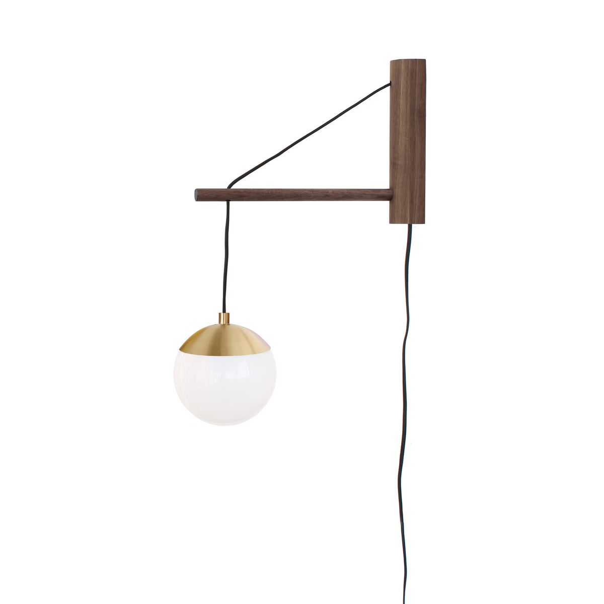 Alto 14" Wood Arm Sconce shown in Brass with Walnut, a 6" Opal globe, and a Black Plug-in Cord